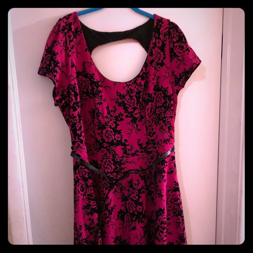 City chic pink and black flocked skater dress.